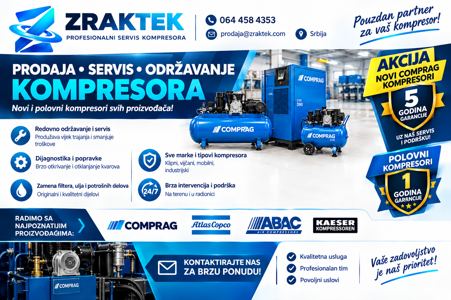 ZRAKTEK – prodaja, servis i održavanje kompresora, COMPRAG kompresori i garancija uz naš servis